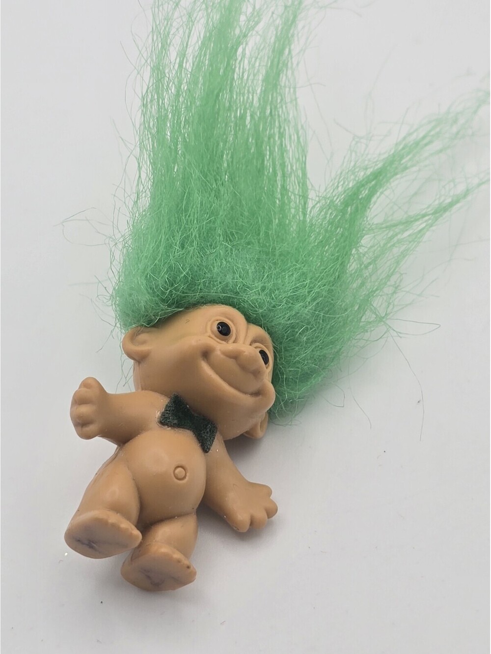 Vintage Troll Doll Green Hair Bow Tie Amber Eyes Rubber Figure Toy Russ Brooch